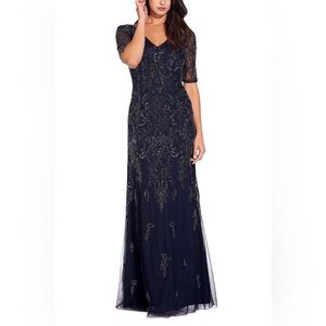 Adrianna Papell V-neck sleeve sequined & beaded mermaid hand beaded mesh gown